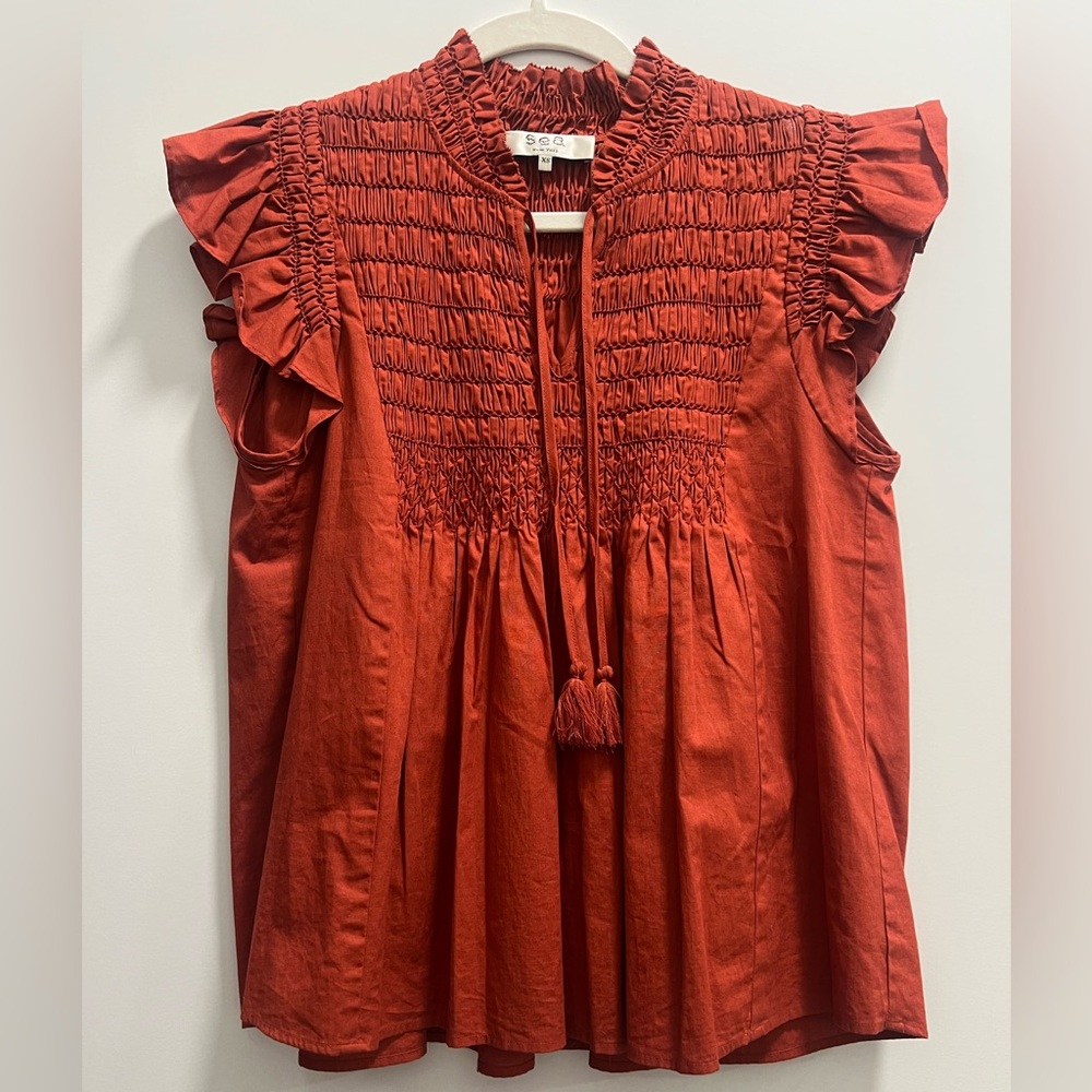 Sea Red Smocked Ruffle Blouse